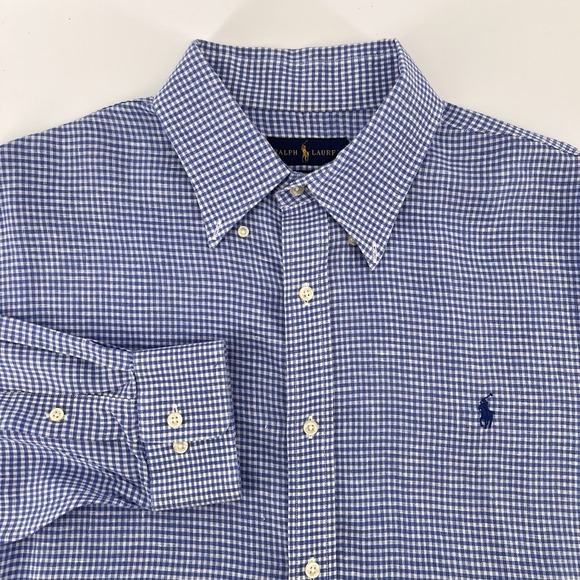 Ralph Lauren Linen Shirt Size XL Linen Blue Check Long Sleeve Button Down Pony - Picture 1 of 8